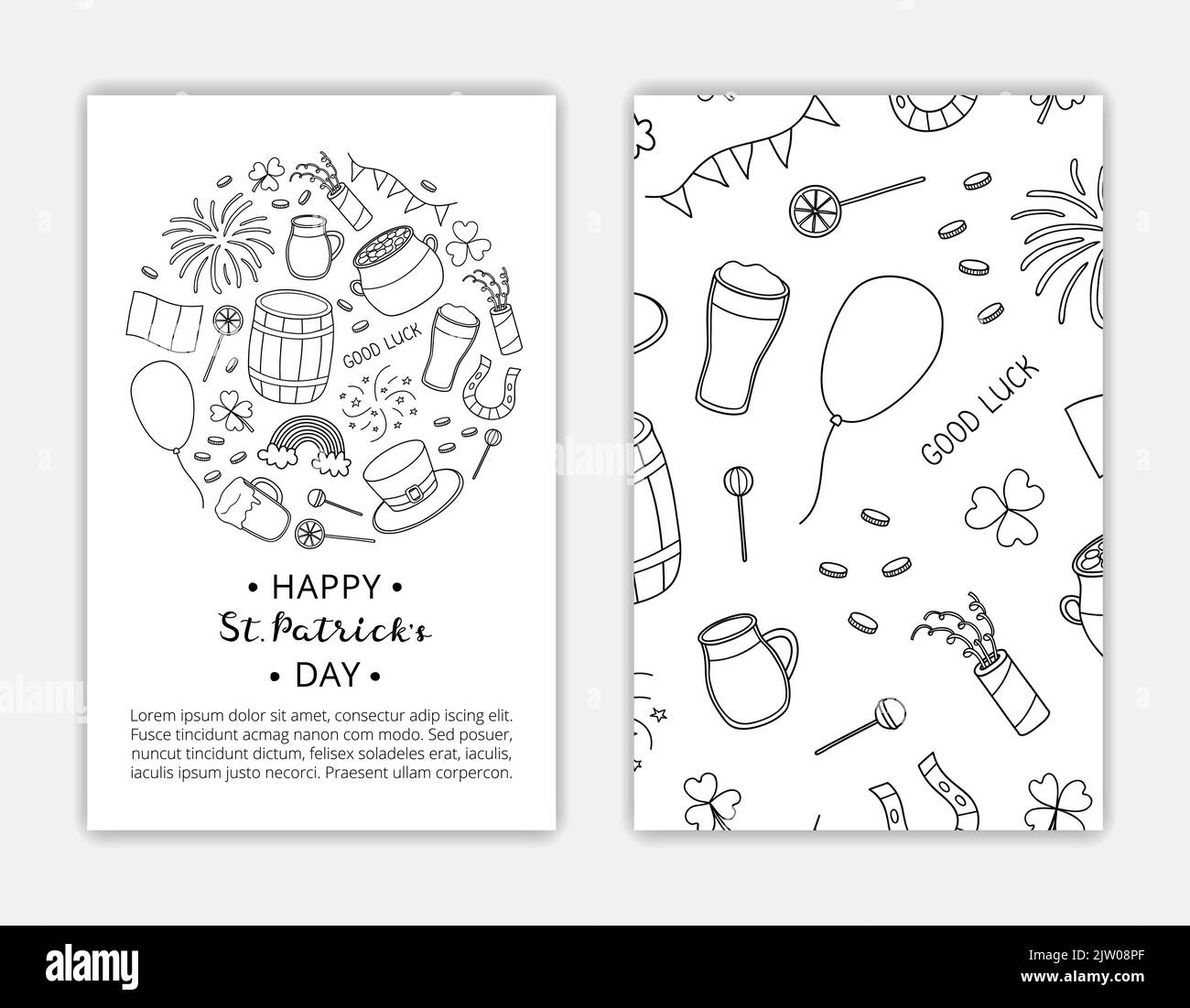 Card templates with lettering and hand drawn outline items for Saint patrick s day celebration. Used clipping mask. Stock Vector