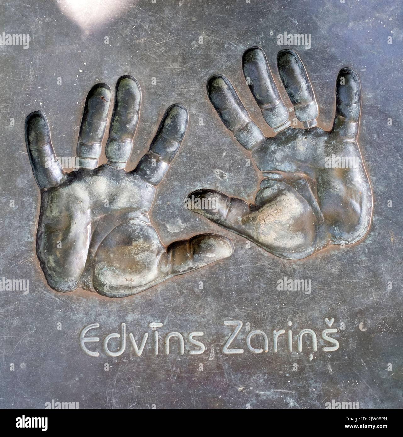 The Handprints of Edvīns Zariņš in the The Alley of Fame of Latvian Musicians, Liepaja city, Latvia Stock Photo