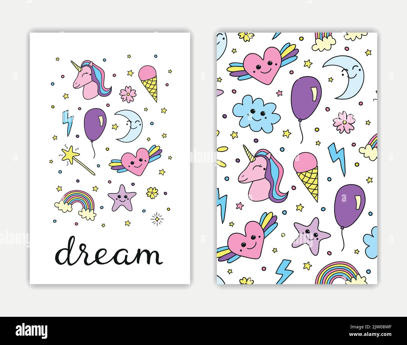 Card templates with hand drawn colored cute items and lettering. Used clipping mask. Stock Vector