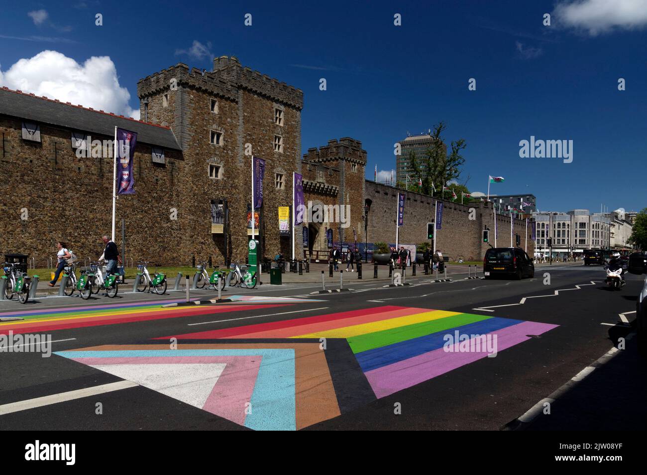 Cardiff Castle 2022 with rainbow street markings. Sunny day. cym Stock Photo