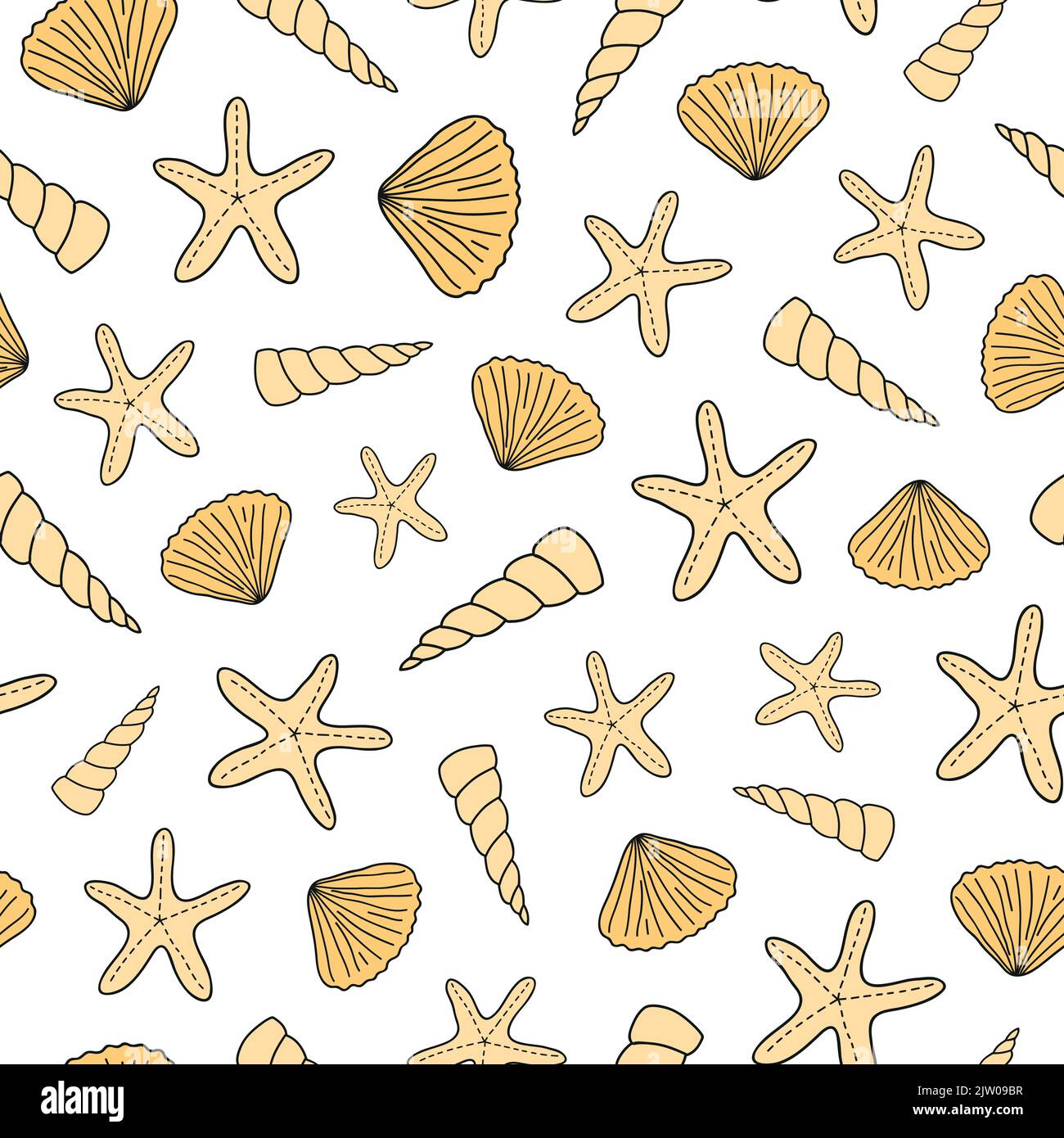Seamless pattern with different doodle colored seashells. Stock Vector