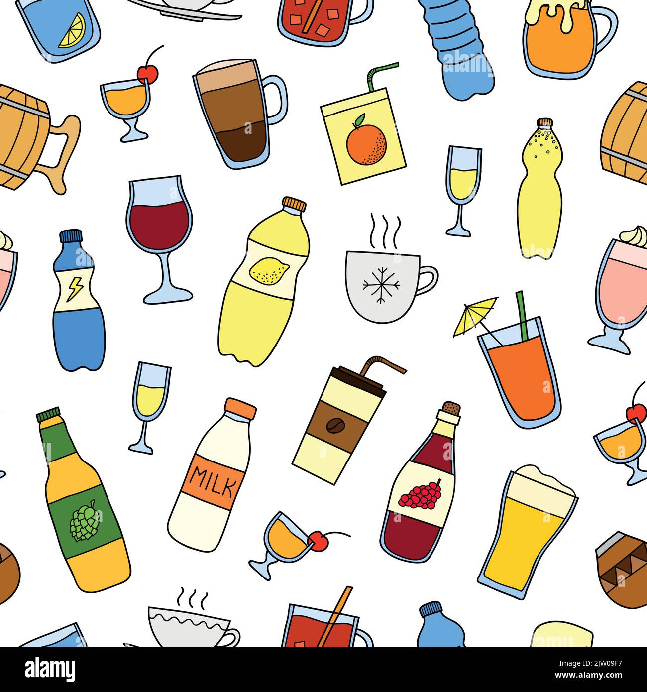 Seamless pattern with different doodle colorful liquid drinks. Stock Vector