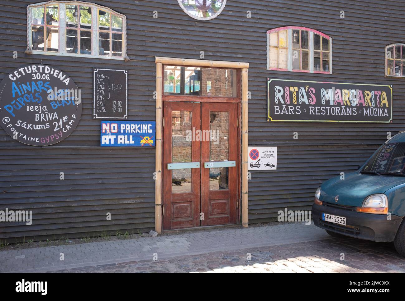 Rita’s Margarita bar & restaurant entrance at Dzirnavu iela 10, Liepaja city, Latvia Stock Photo