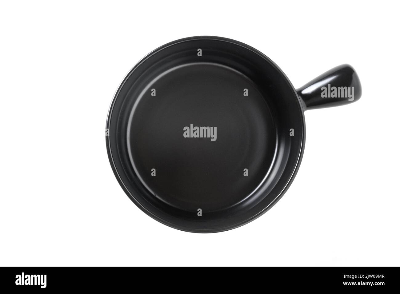 Black ceramic soup bowl with handle isolated on white background. View