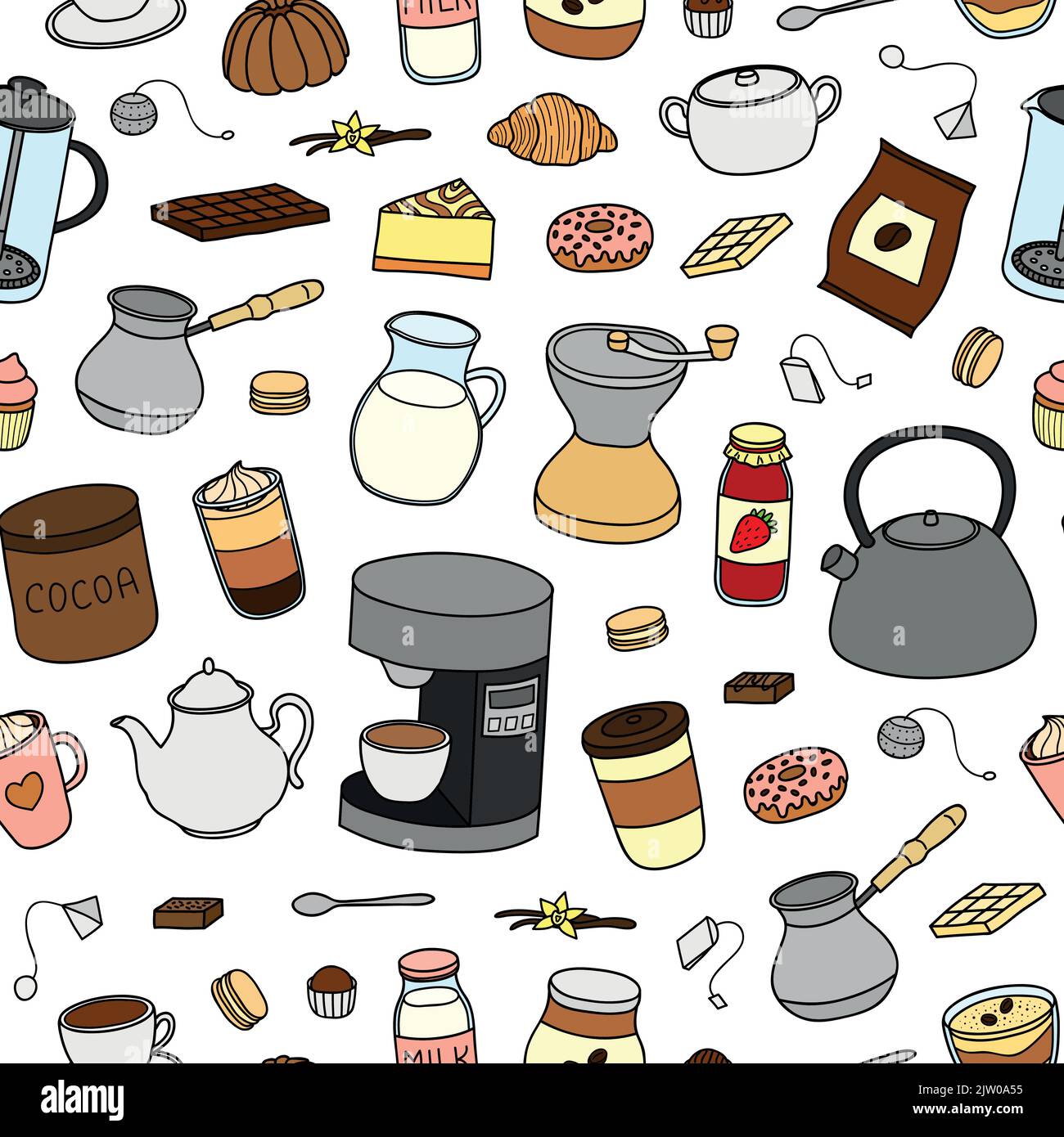 Seamless pattern with hand drawn colored coffee, tea, cocoa items. Stock Vector