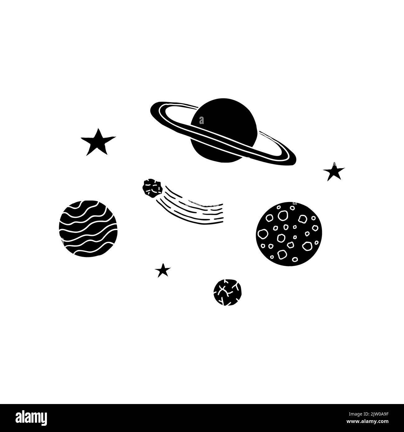 Composition of hand drawn black space asteroid and stars