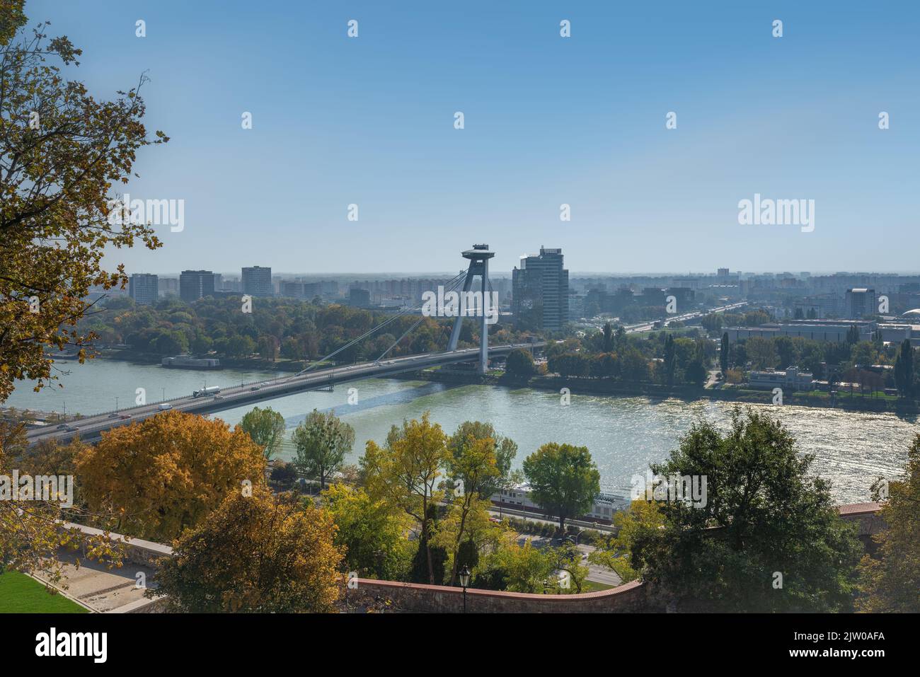 Aerial view of Danube River with SNP Bridge and UFO Tower - Bratislava, Slovakia Stock Photo