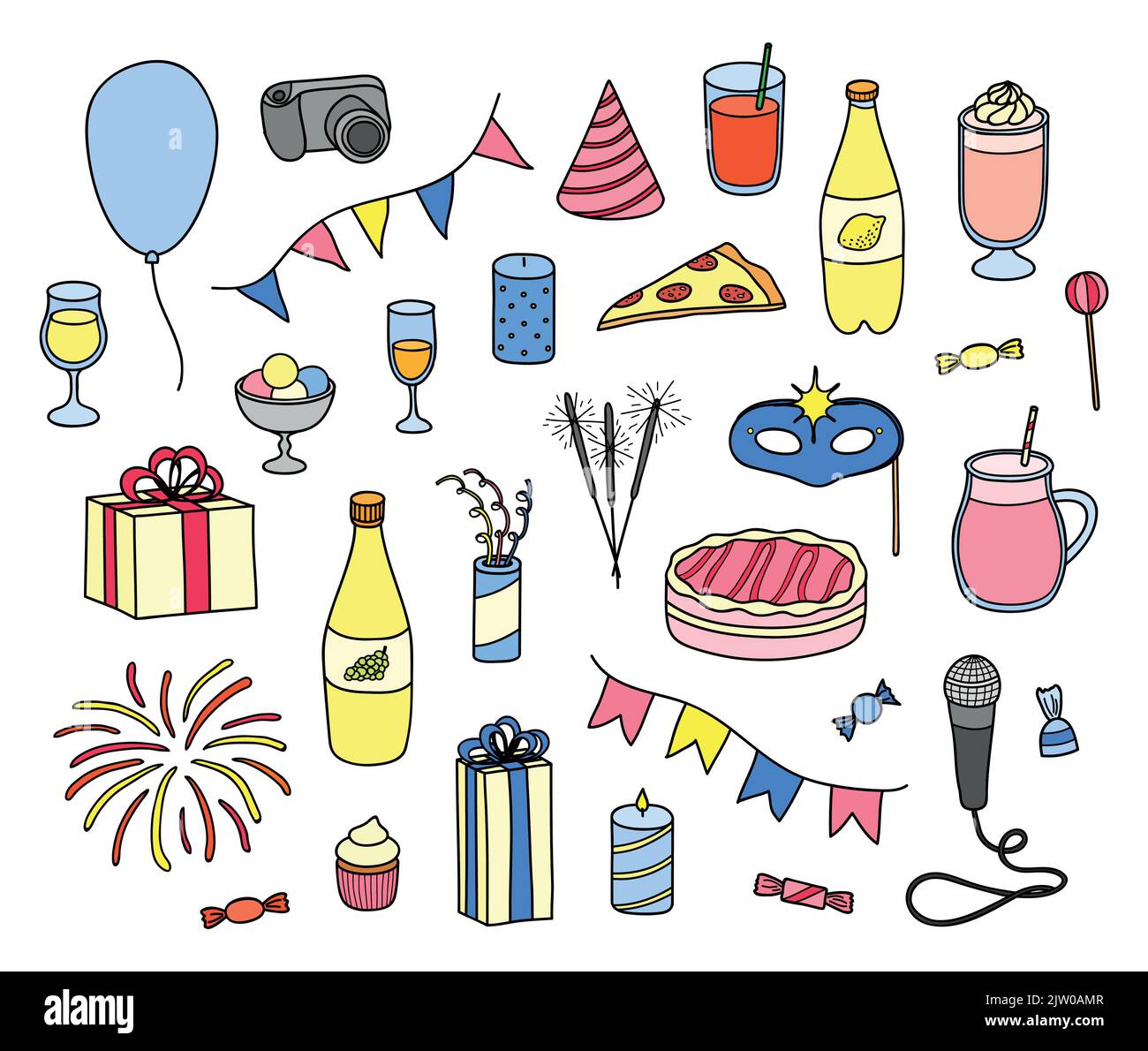 Set of hand drawn colored party items isolated on white background