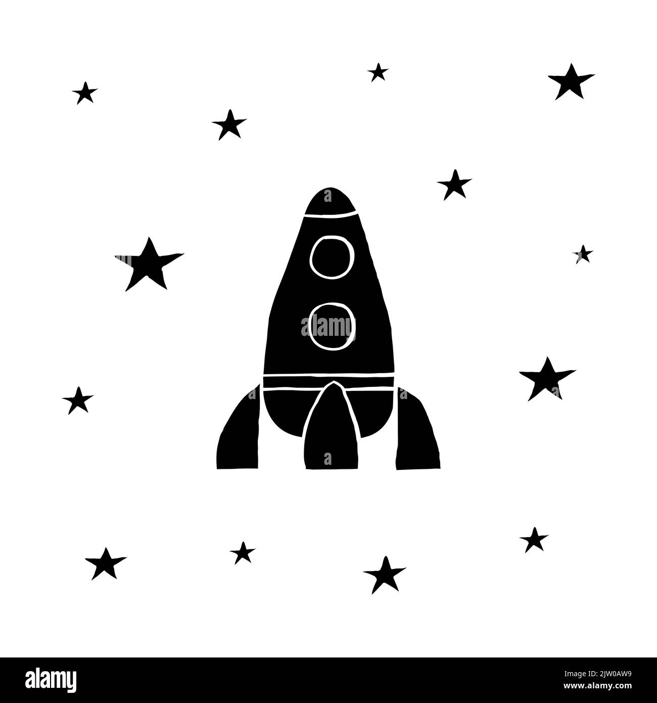 Composition of hand drawn black space rocket and stars isolated on ...