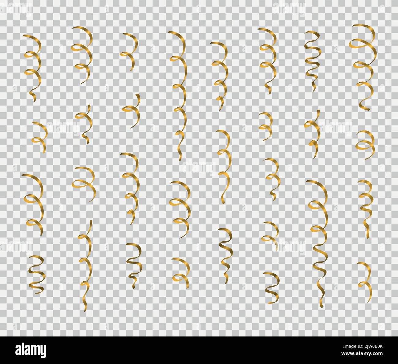 Set of golden metallic flowing streamers or ribbons isolated on ...