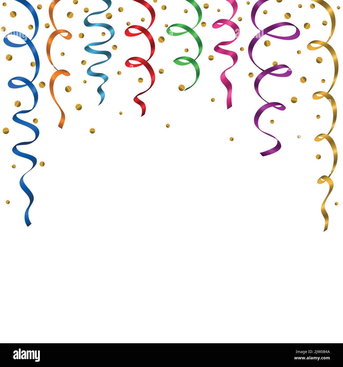Birthday white background with curling streamers and confetti