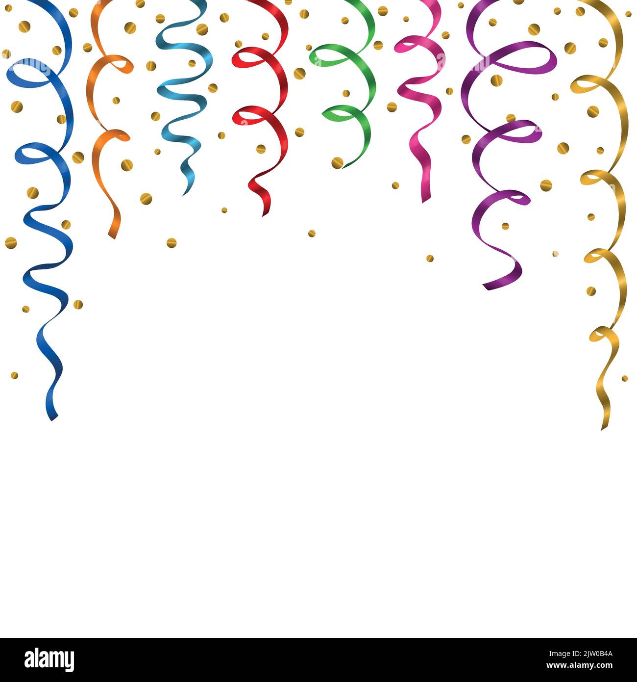 White background with colorful metallic flowing streamers or ribbons ...