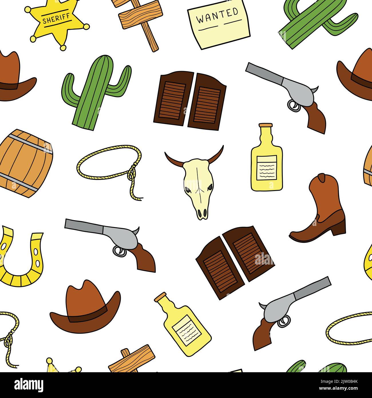Seamless pattern with hand drawn colored Wild West elements. Stock Vector