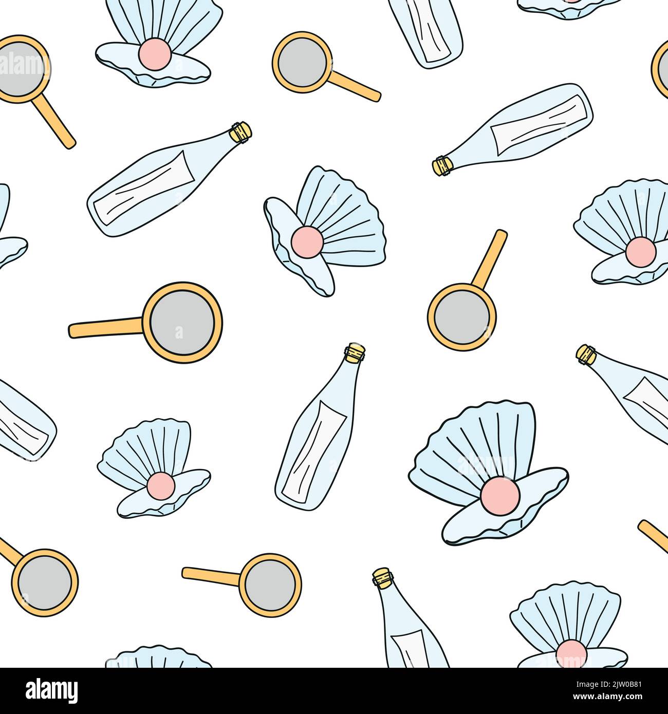 Seamless pattern with colored doodle loupe, pearl and letter in bottle. Stock Vector