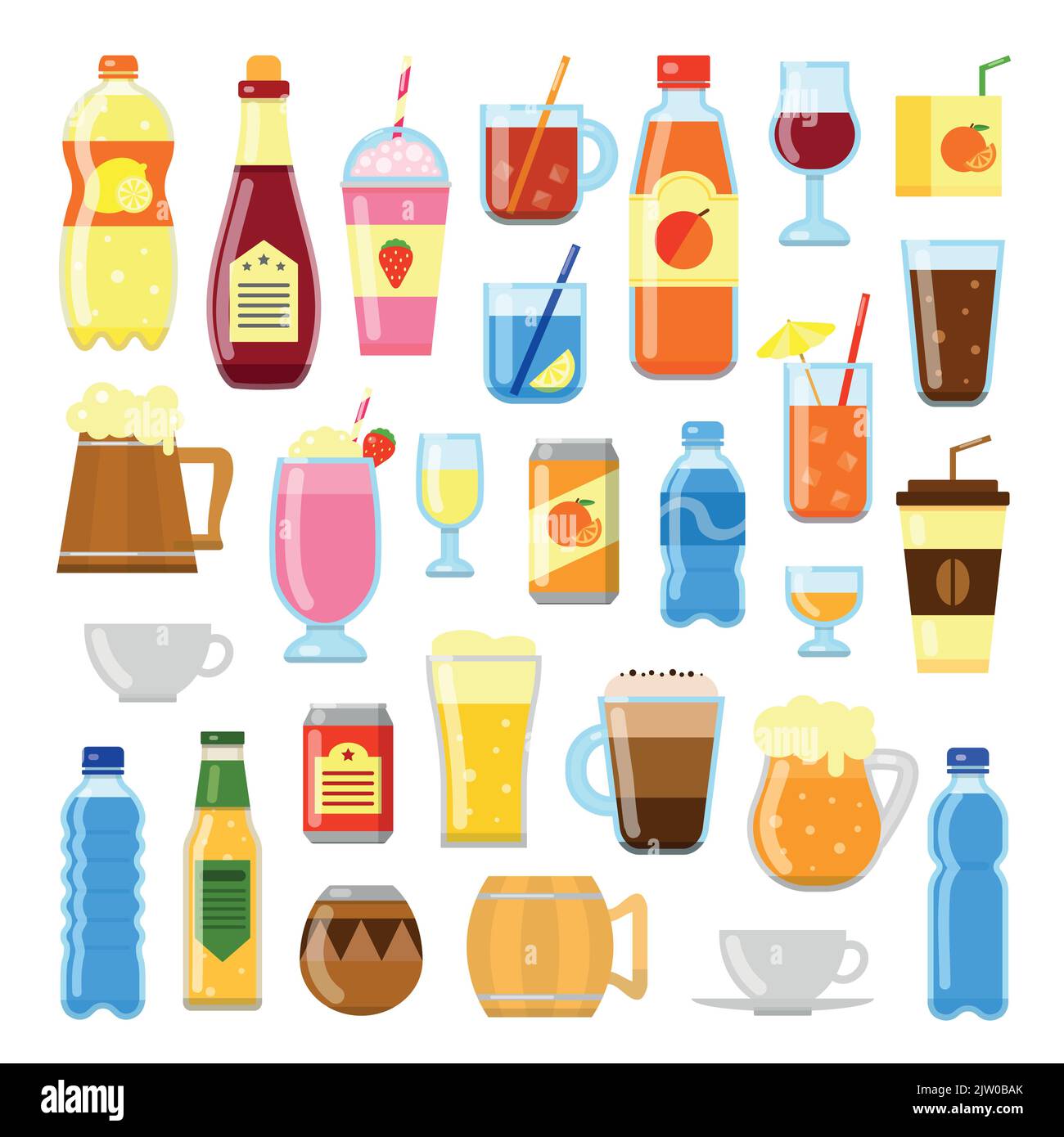 Set of different flat colorful liquid drinks isolated on white