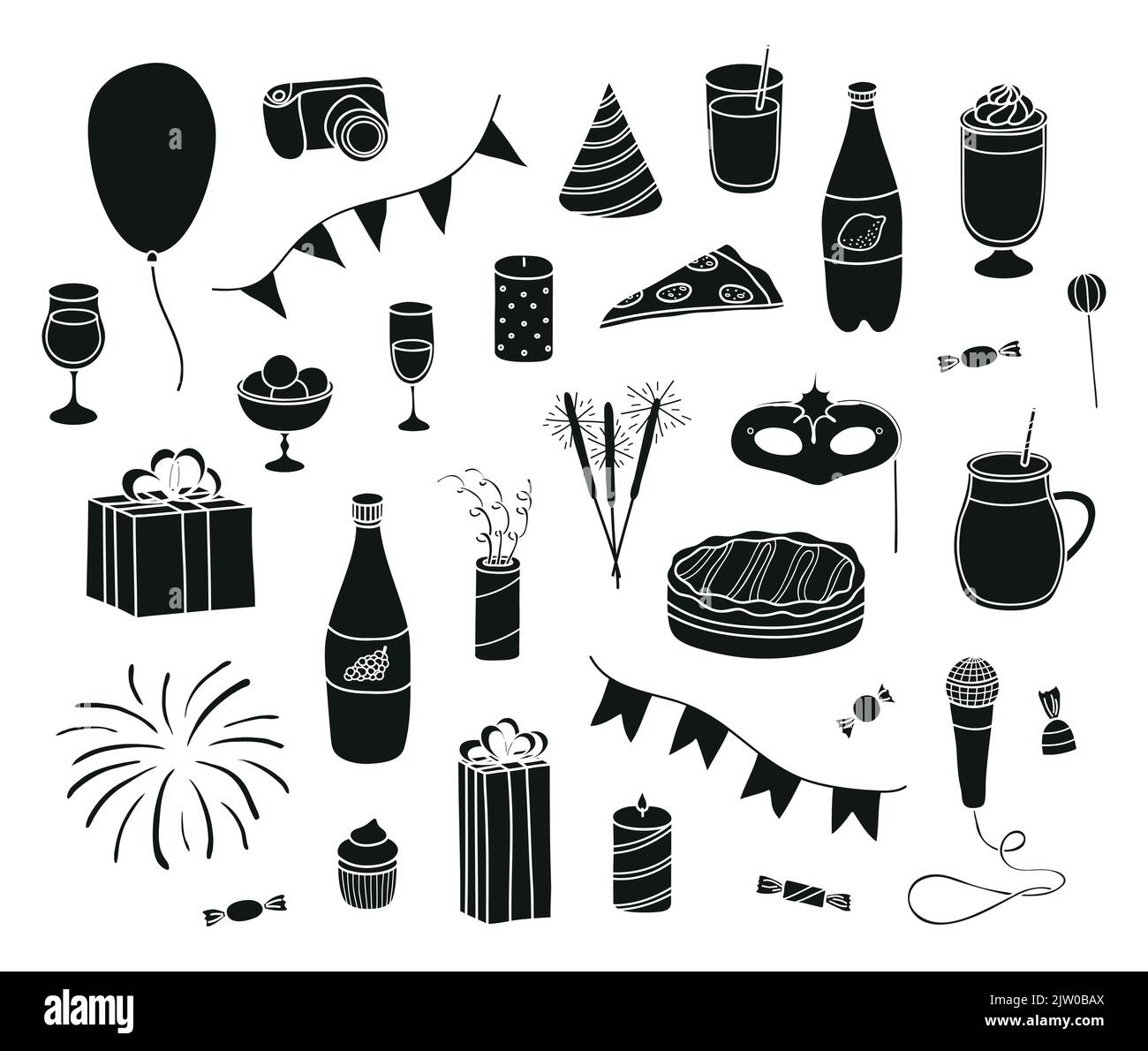 Set of hand drawn black party items isolated on white background Stock