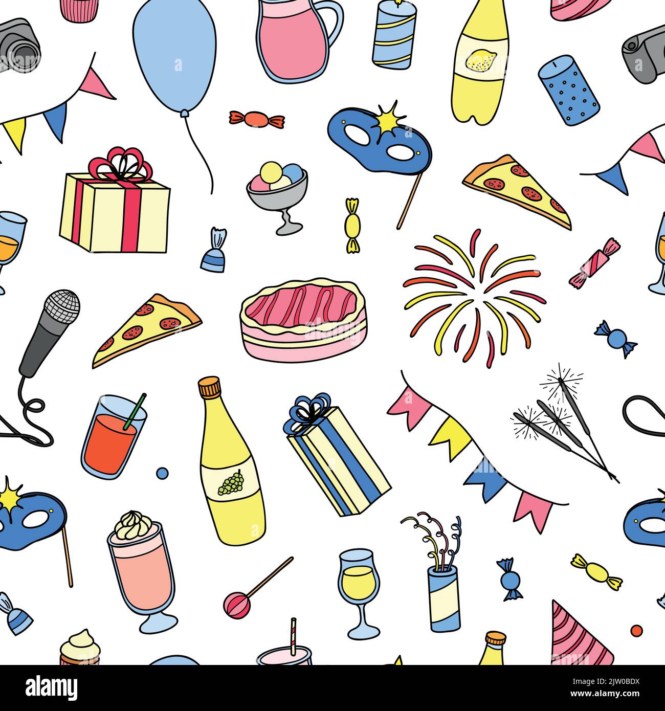 Seamless pattern with hand drawn colored party items. Stock Vector