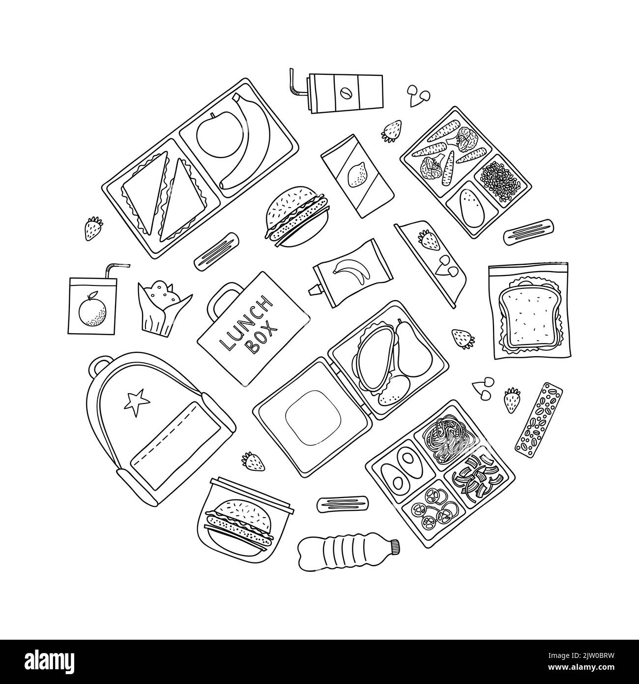 Hand drawn outline packed lunch boxes composed in circle shape Stock