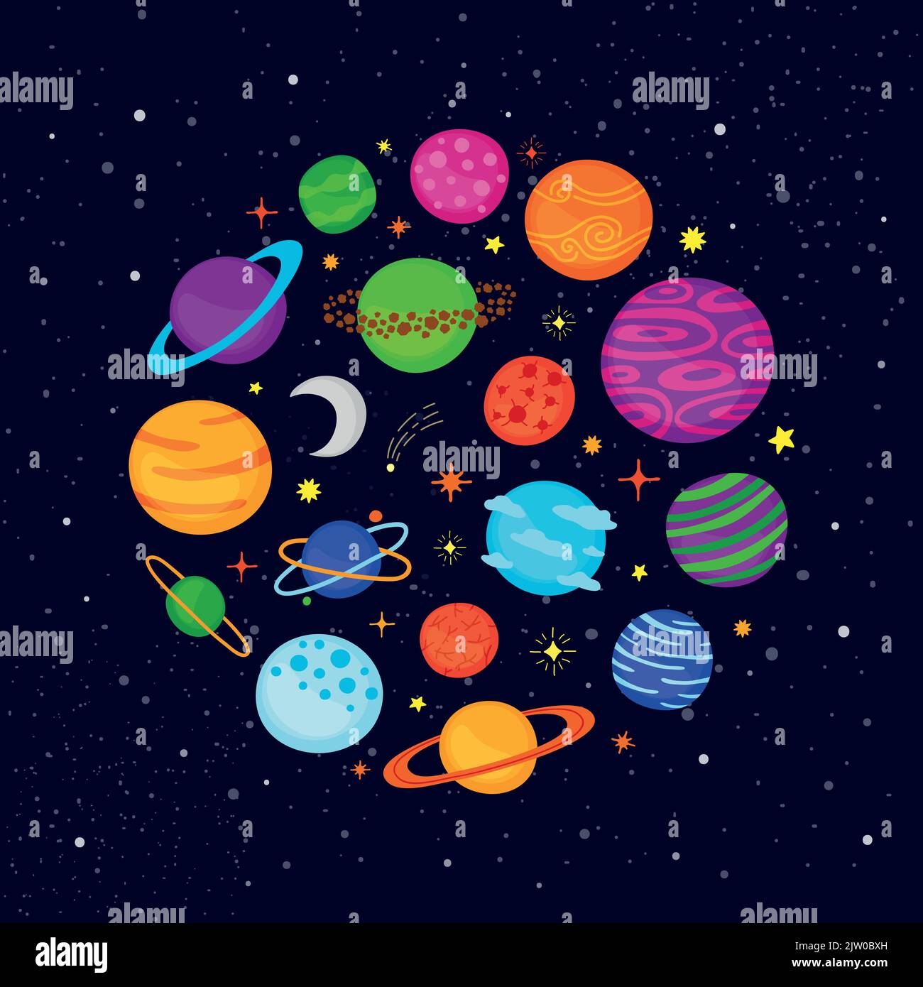 Different colorful cartoon fantastic space composed in circle