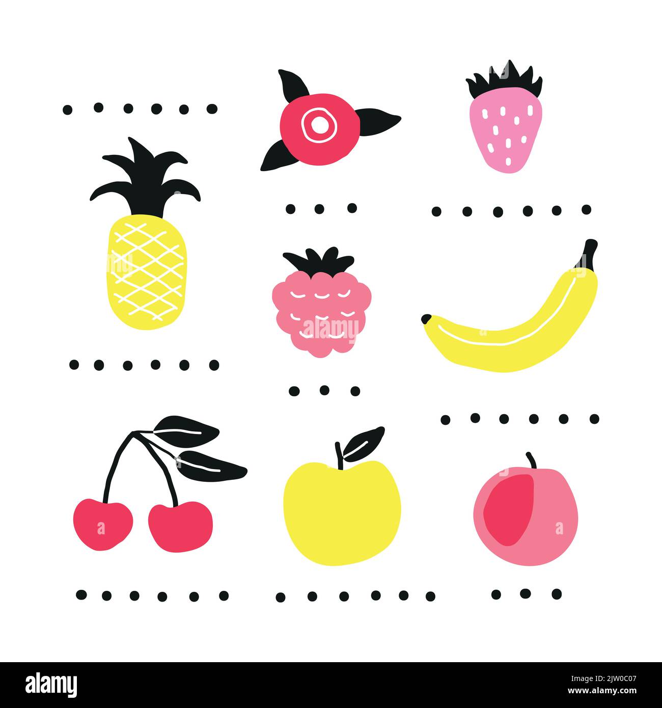 Cute poster with colorful doodle fruits and berries in minimalism style