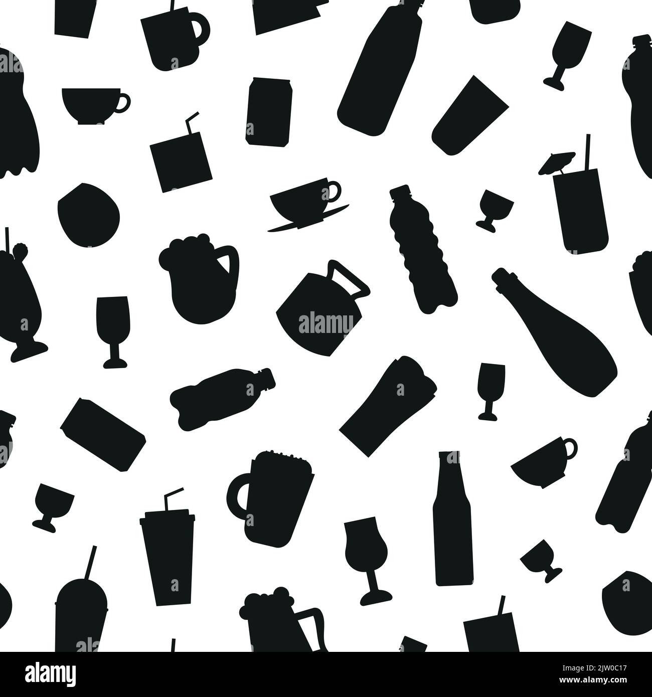 Black and white seamless pattern with flat liquid drinks. Stock Vector