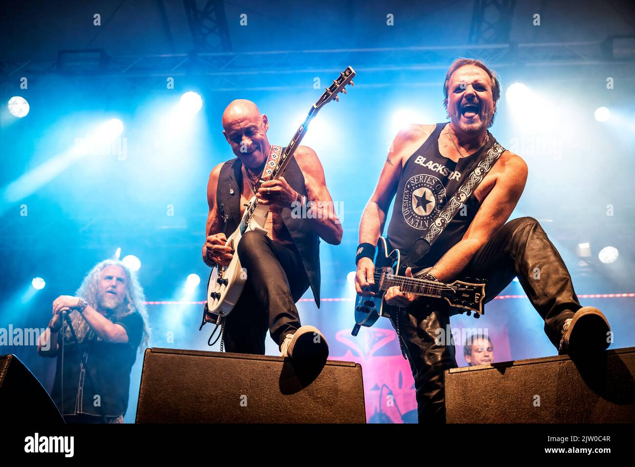 Solvesborg, Sweden. 10th, June 2022. The English heavy metal band Praying Mantis performs a live concert during the Swedish music festival Sweden Rock Festival 2022 in Solvesborg. Here guitarists Tino Troy (L) and Andy Burgess (R) are seen live on stage. (Photo credit: Gonzales Photo - Terje Dokken). Stock Photo