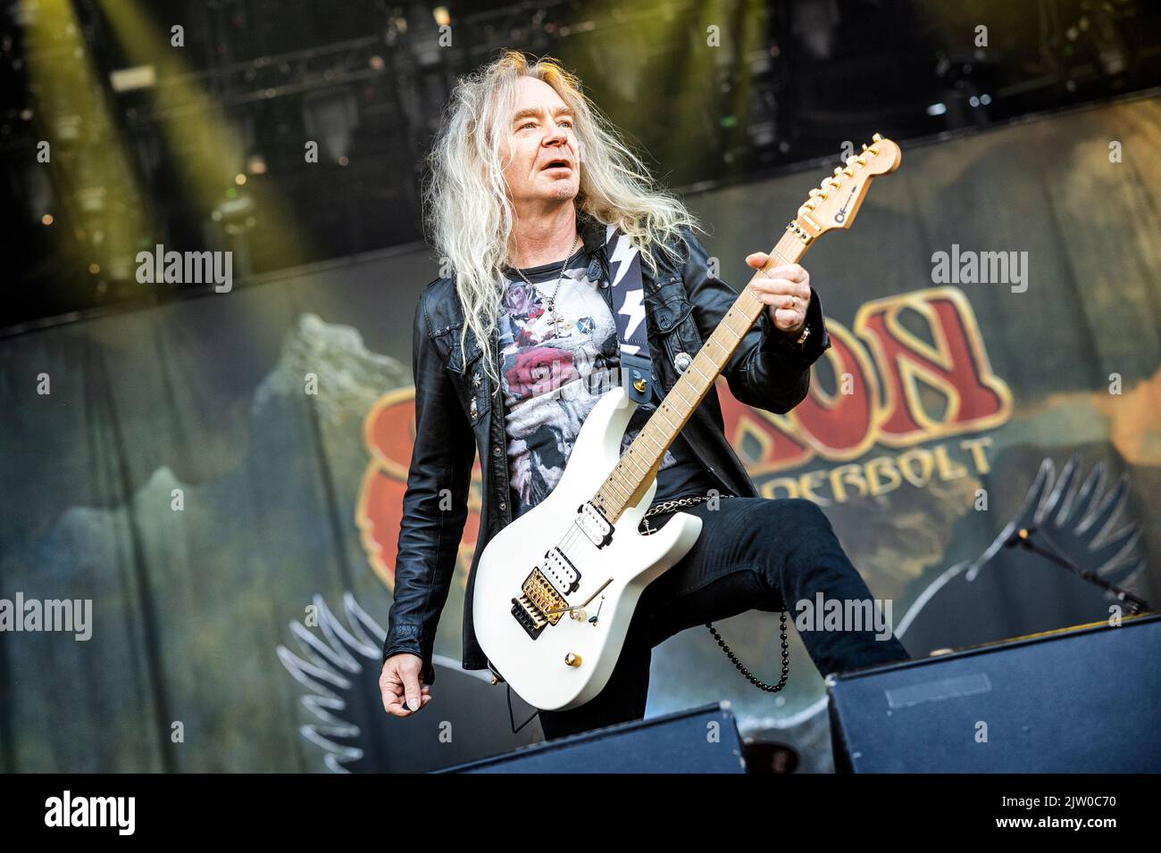 Solvesborg, Sweden. 10th, June 2022. The British heavy metal band Saxon performs a live concert during the Swedish music festival Sweden Rock Festival 2022 in Solvesborg. Here guitarist Doug Scarratt is seen live on stage. (Photo credit: Gonzales Photo - Terje Dokken). Stock Photo