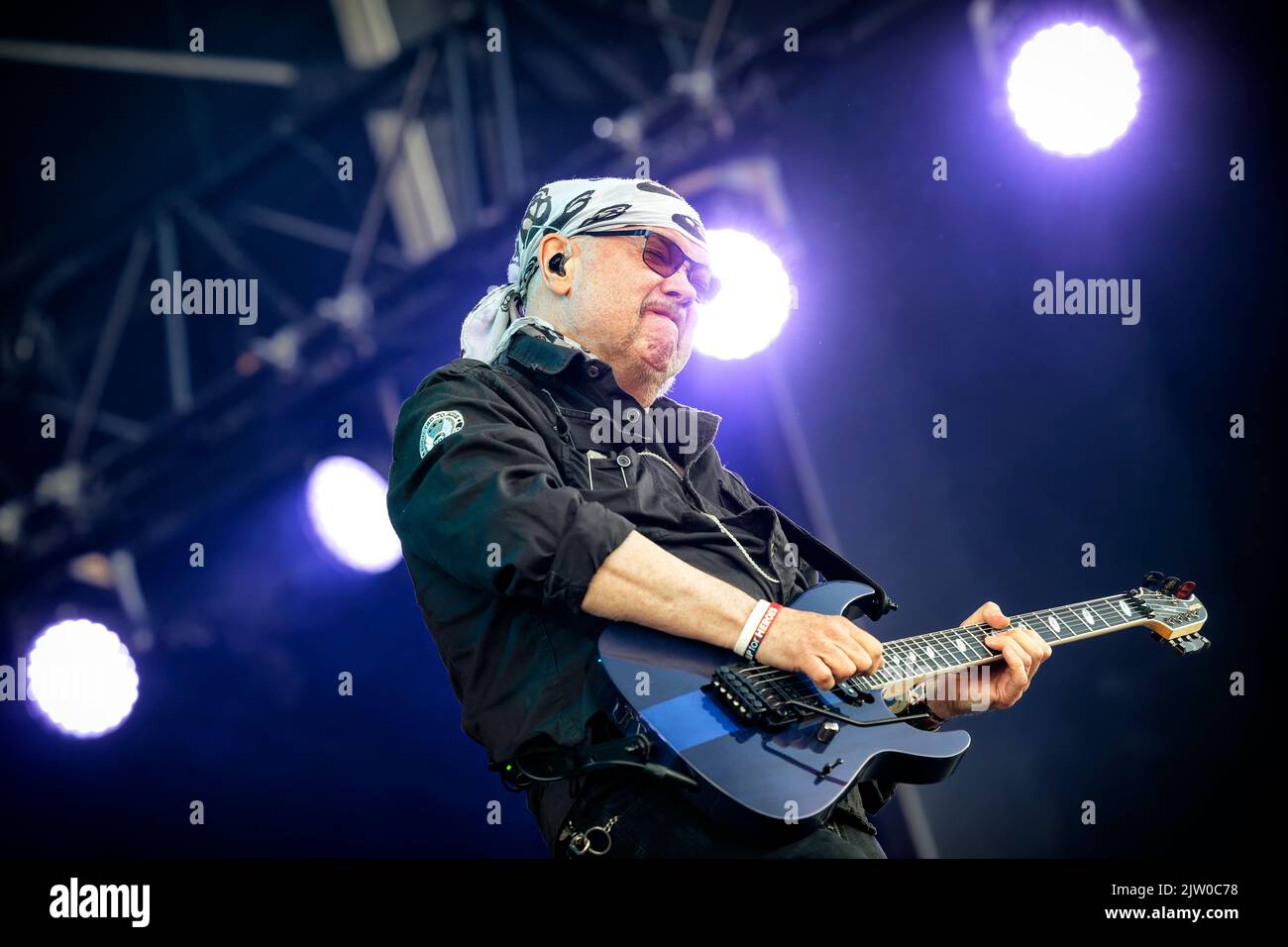 Solvesborg, Sweden. 10th, June 2022. The British heavy metal band Saxon performs a live concert during the Swedish music festival Sweden Rock Festival 2022 in Solvesborg. Here guitarist Paul Quinn is seen live on stage. (Photo credit: Gonzales Photo - Terje Dokken). Stock Photo