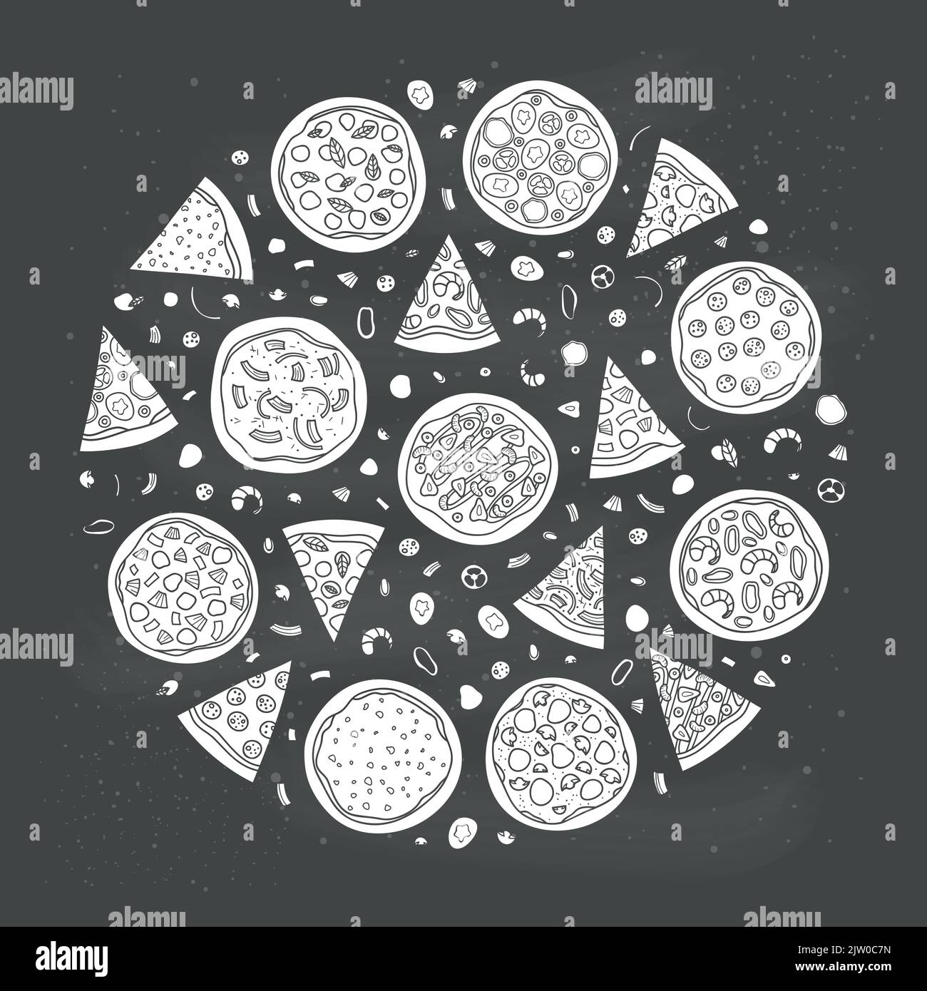 Different doodle pizza composed in circle shape with lettering Stock