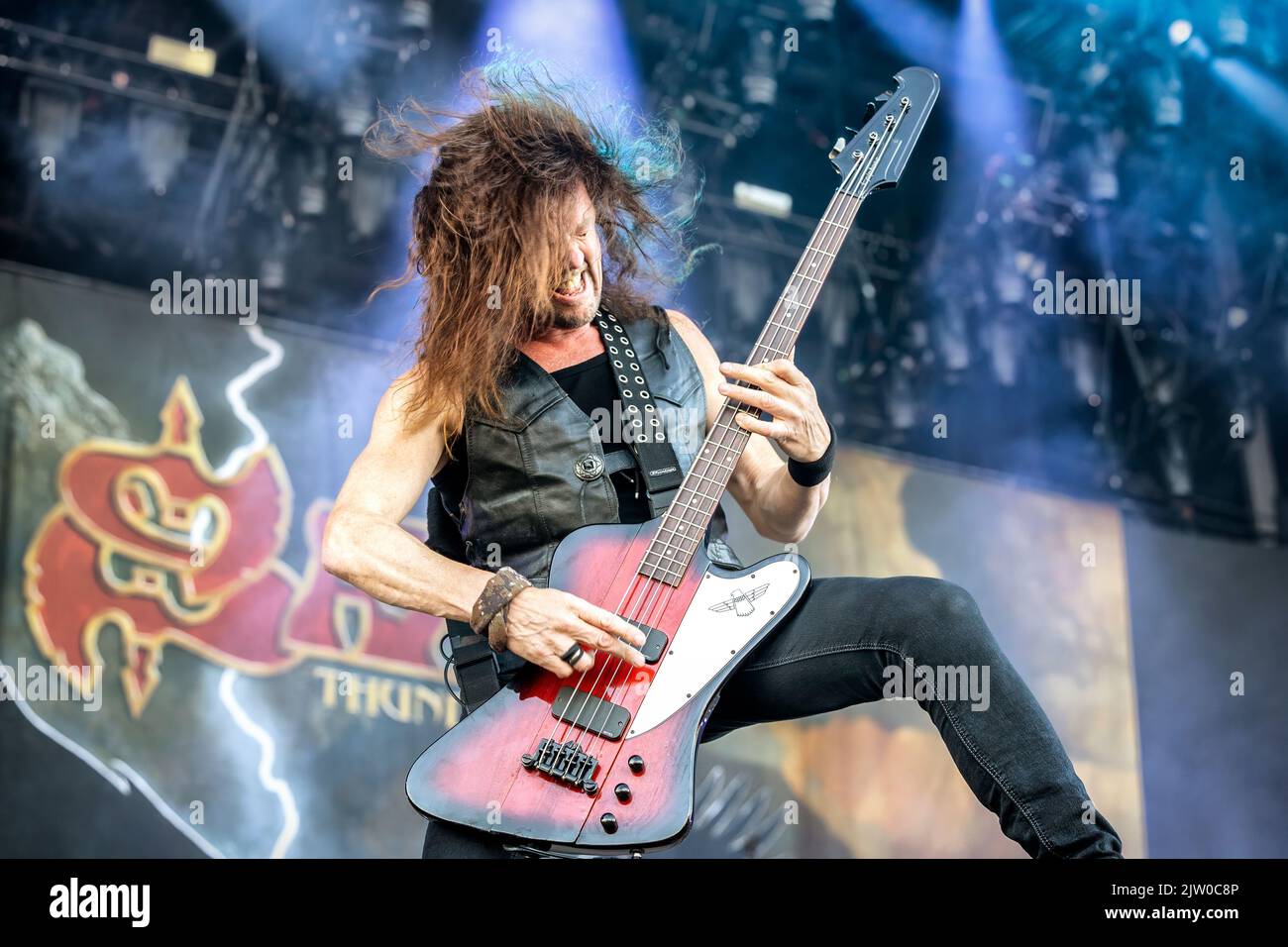Solvesborg, Sweden. 10th, June 2022. The British heavy metal band Saxon performs a live concert during the Swedish music festival Sweden Rock Festival 2022 in Solvesborg. Here bass player Nibbs Carter is seen live on stage. (Photo credit: Gonzales Photo - Terje Dokken). Stock Photo