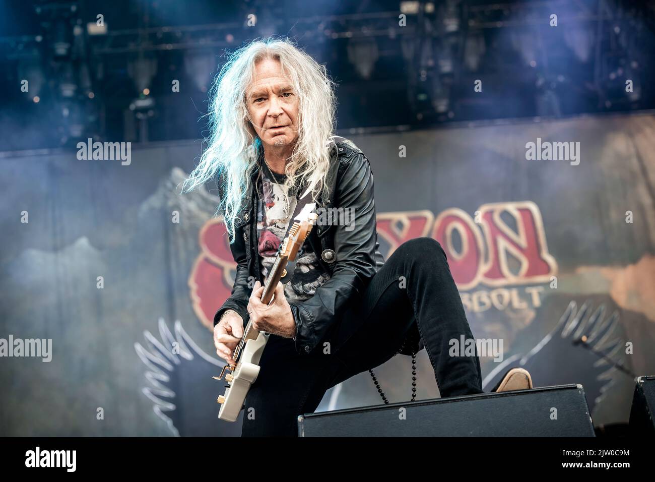 Solvesborg, Sweden. 10th, June 2022. The British heavy metal band Saxon performs a live concert during the Swedish music festival Sweden Rock Festival 2022 in Solvesborg. Here guitarist Doug Scarratt is seen live on stage. (Photo credit: Gonzales Photo - Terje Dokken). Stock Photo