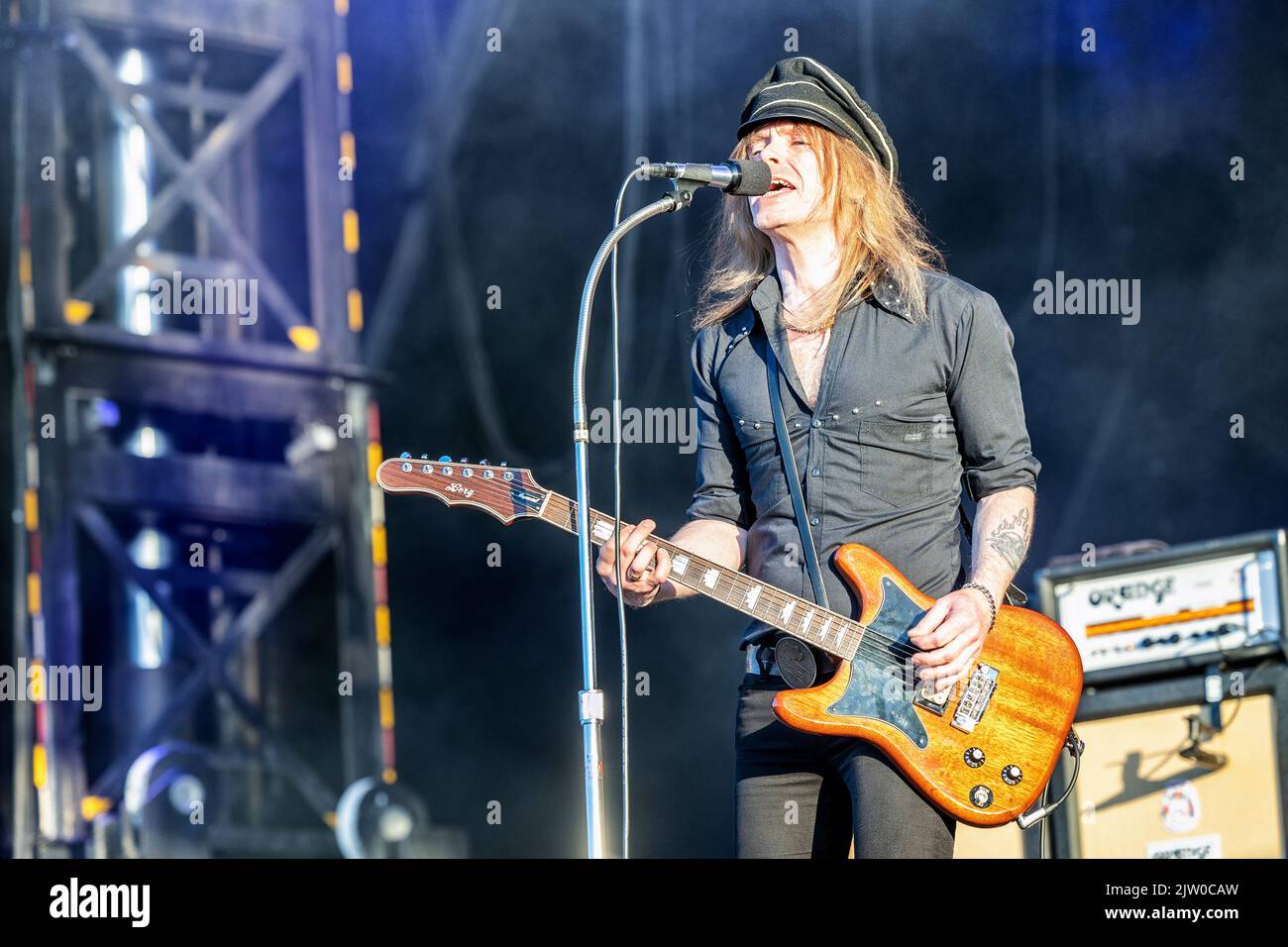 Solvesborg, Sweden. 10th, June 2022. The Swedish hard rock band The Hellacopters performs a live concert during the Swedish music festival Sweden Rock Festival 2022 in Solvesborg. Here vocalist and guitarist Nicke Andersson is seen live on stage. (Photo credit: Gonzales Photo - Terje Dokken). Stock Photo