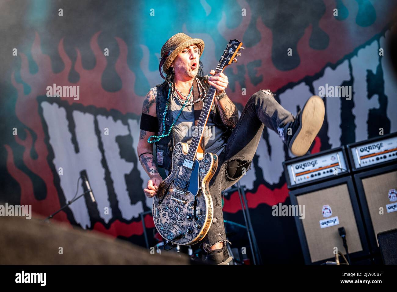 Solvesborg, Sweden. 10th, June 2022. The Swedish hard rock band The Hellacopters performs a live concert during the Swedish music festival Sweden Rock Festival 2022 in Solvesborg. Here guitarist Dregen is seen live on stage. (Photo credit: Gonzales Photo - Terje Dokken). Stock Photo