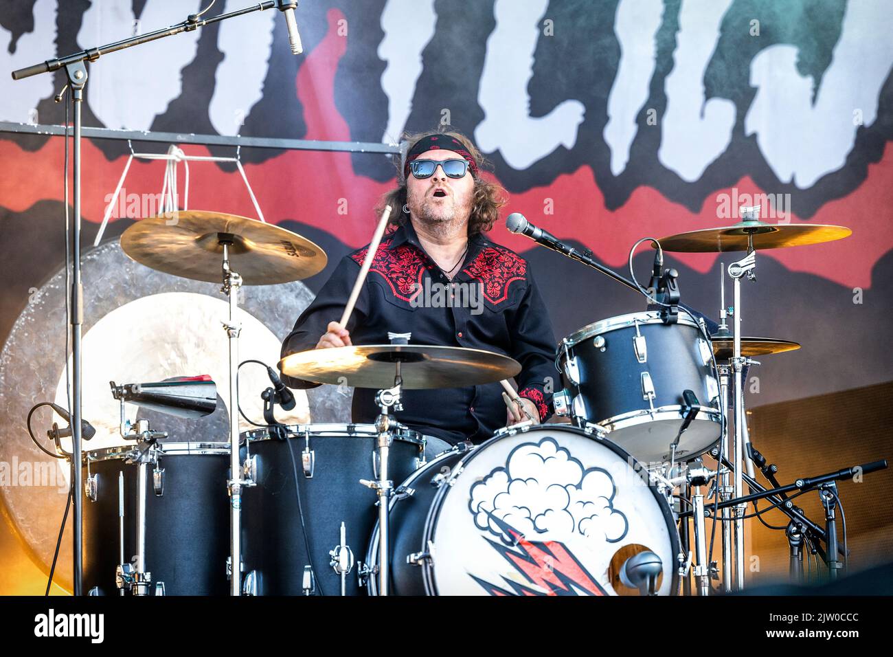 Solvesborg, Sweden. 10th, June 2022. The Swedish hard rock band The Hellacopters performs a live concert during the Swedish music festival Sweden Rock Festival 2022 in Solvesborg. Here drummer Robert Eriksson is seen live on stage. (Photo credit: Gonzales Photo - Terje Dokken). Stock Photo