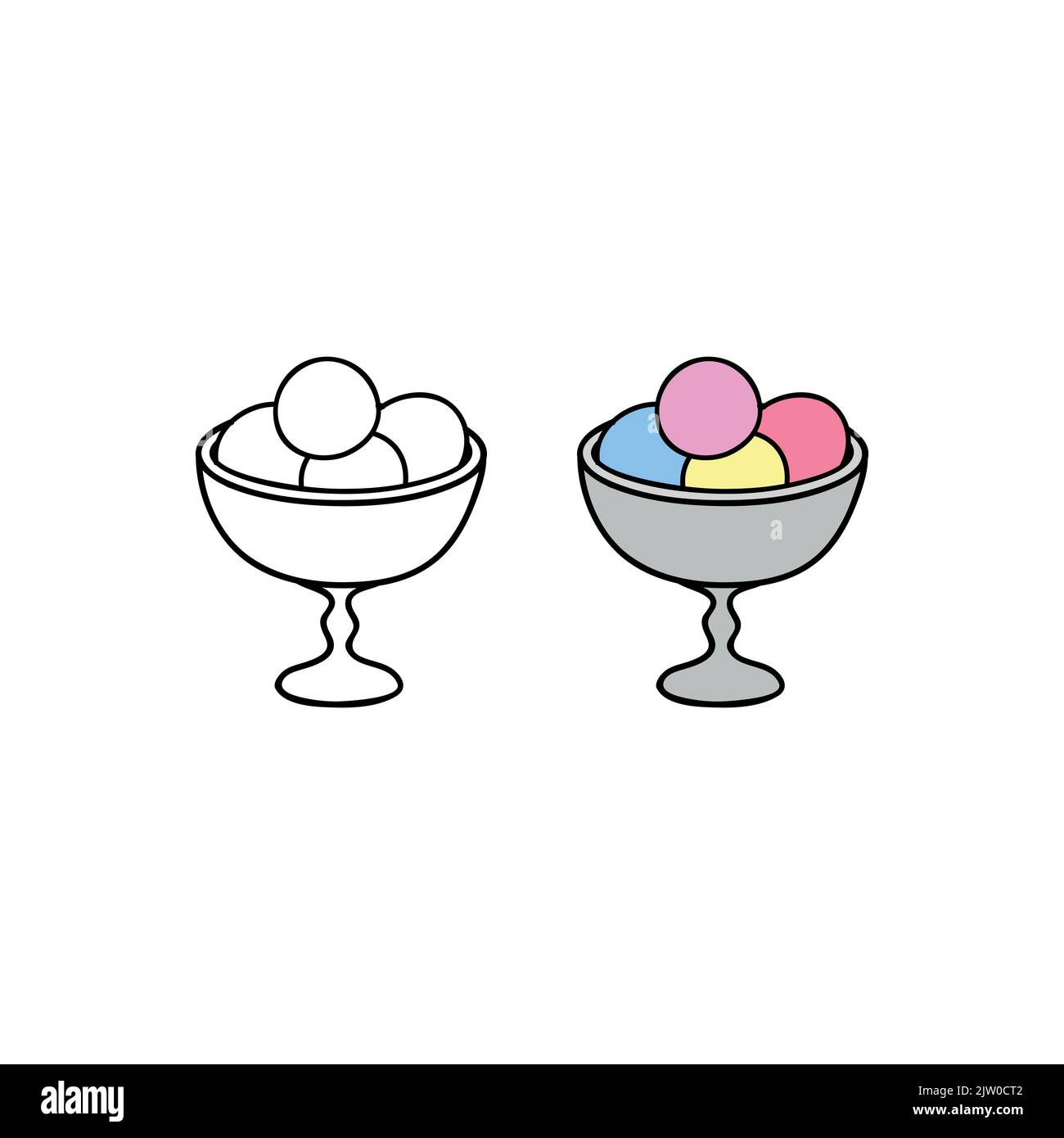 Hand drawn colored and outline ice cream balls in cup isolated on white