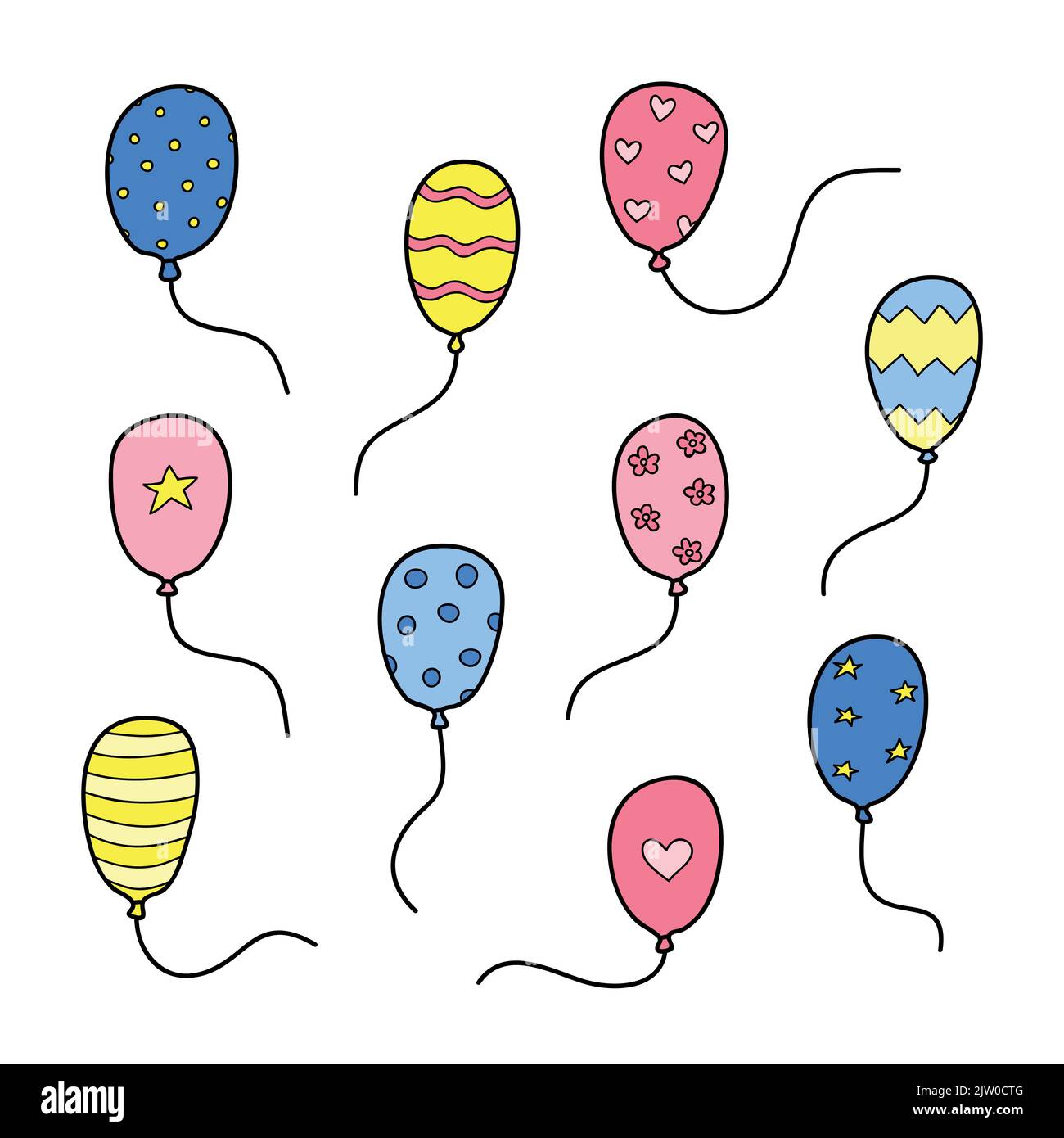 Set of doodle colorful helium balloons with prints isolated on white ...