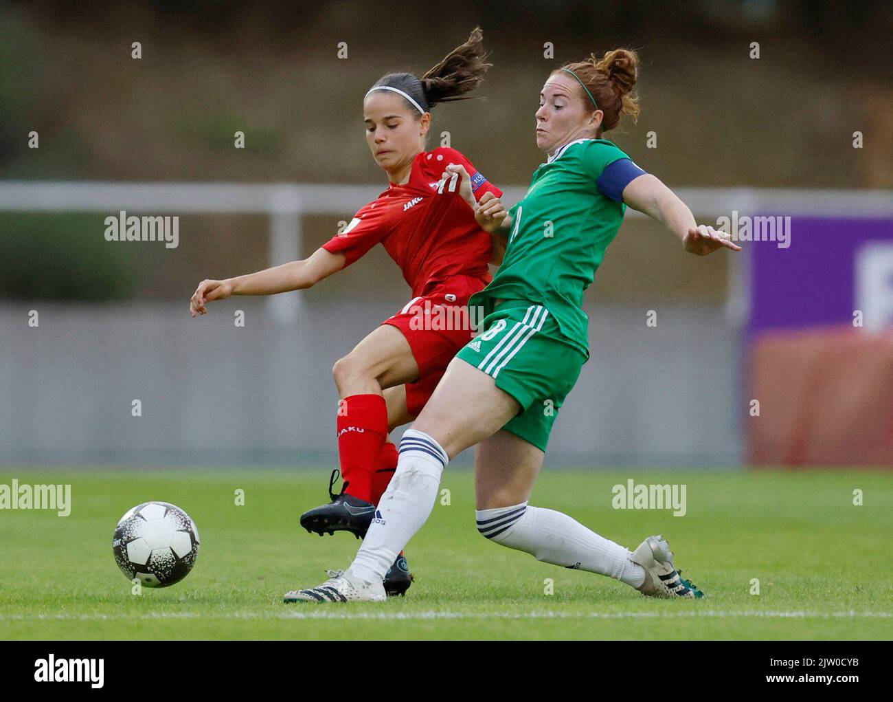 Soccer Football - FIFA Women's World Cup Australia and New Zealand - UEFA Qualifiers - Group D - Luxembourg v Northern Ireland - Stade Emile Mayrisch, Esch-sur-Alzette, Luxembourg - September 2, 2022 Luxembourg's Charlotte Schmit in action with Italy's Martina Rosucci REUTERS/Gonzalo Fuentes Stock Photo