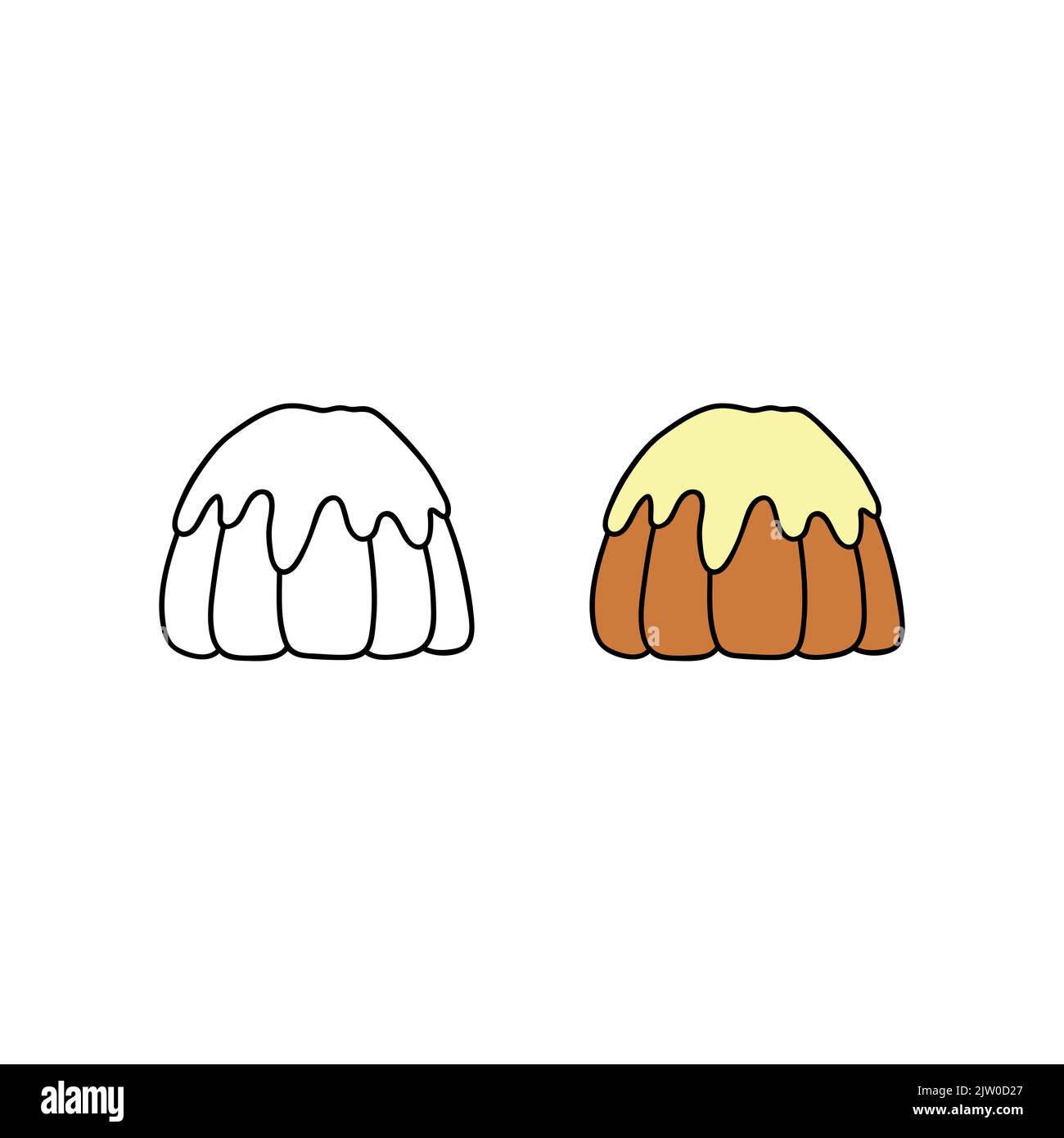 Doodle colored and outline bundt or flan cake isolated on white