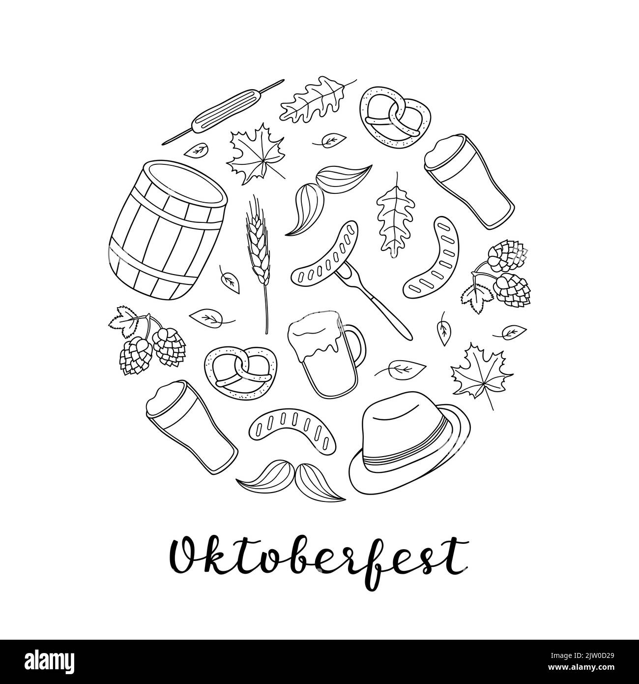 Hand drawn outline Oktoberfest icons composed in circle shape with ...