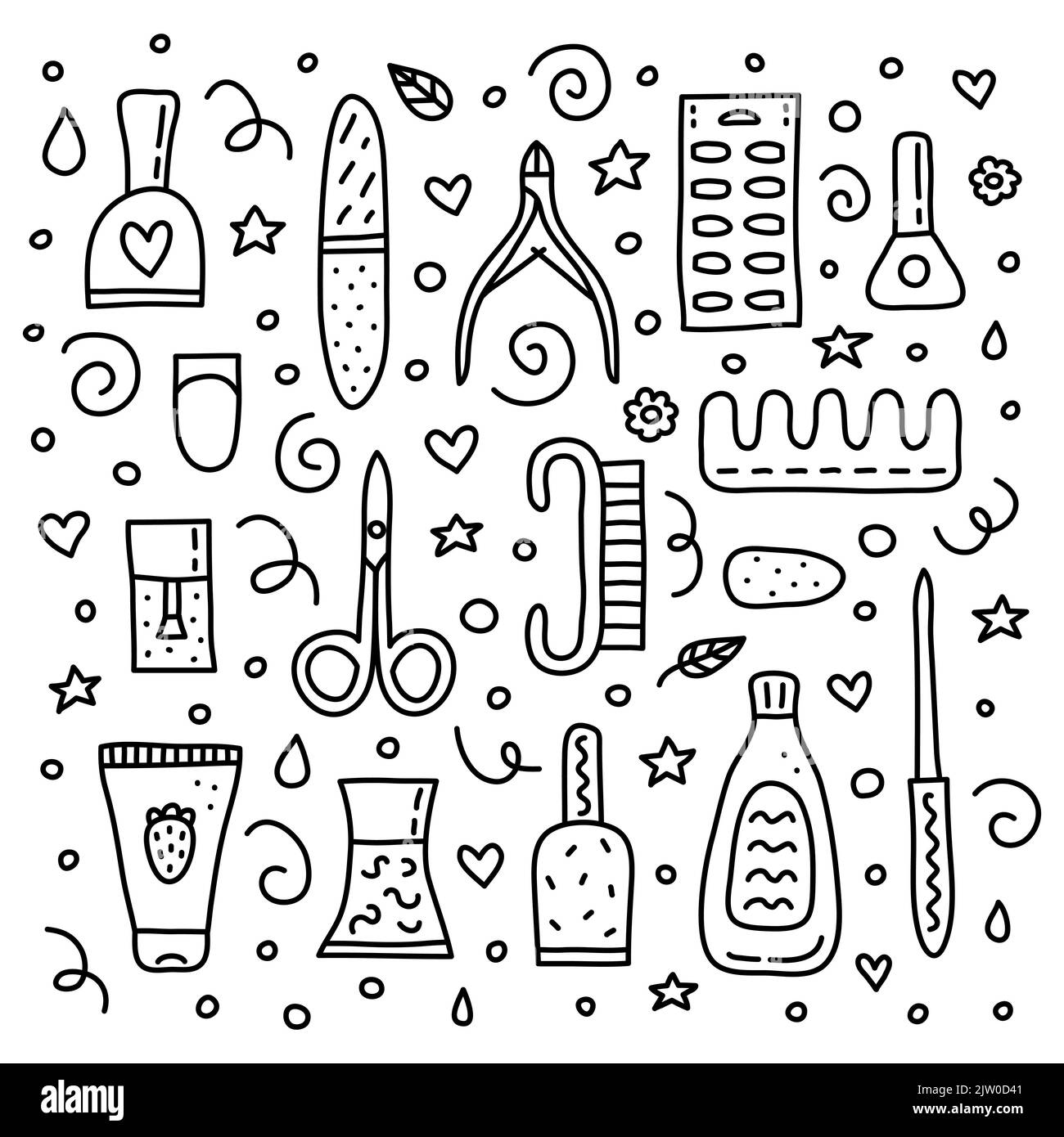 Set of different outline doodle icons for nail salon isolated on white