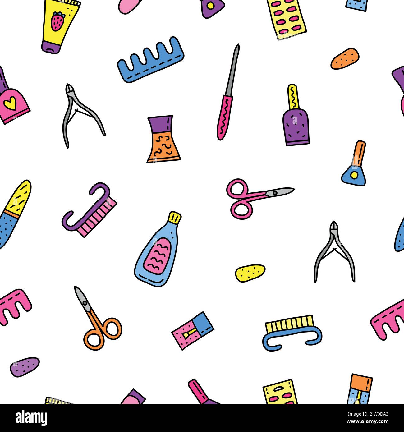 Seamless pattern with doodle colored nail salon icons. Stock Vector