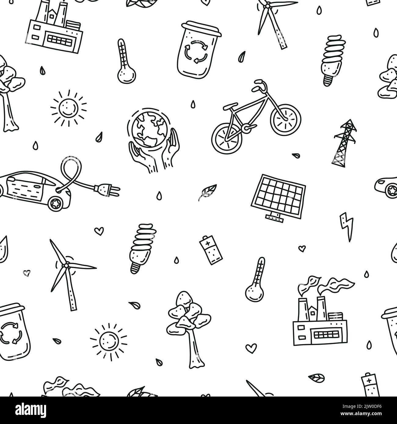 Black and white seamless pattern with doodle outline ecology and ...
