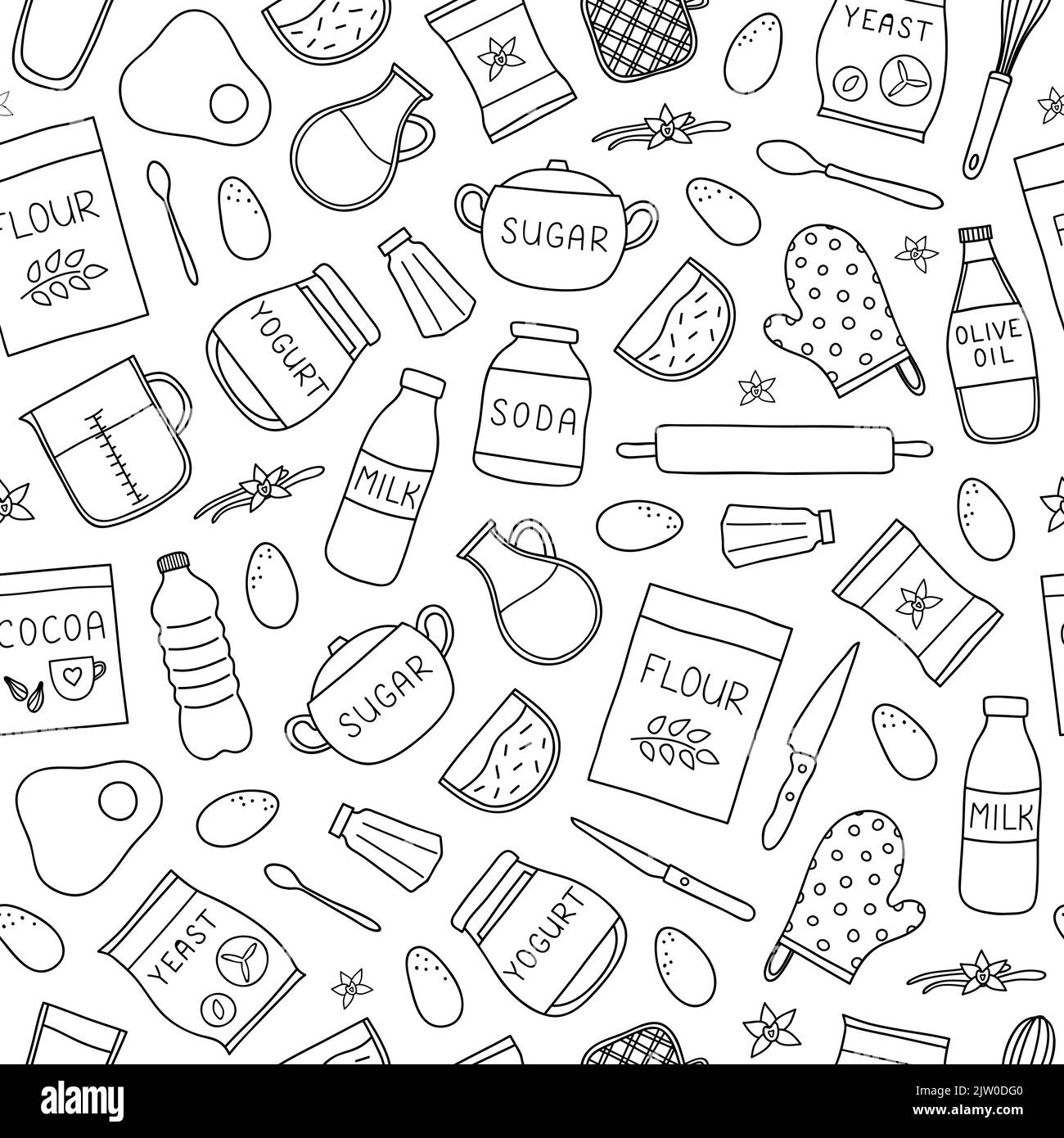 Black and white seamless pattern with doodle outline cooking, baking ingredients. Stock Vector
