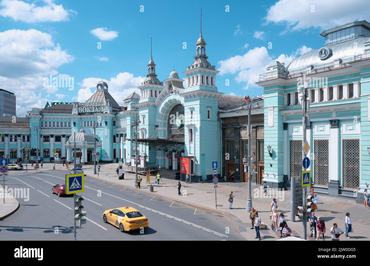 Tverskaya Zastava Square, the old building of Belorussky Railway Station, built in 1870, landmark: Moscow, Russia - July 22, 2022 Stock Photo