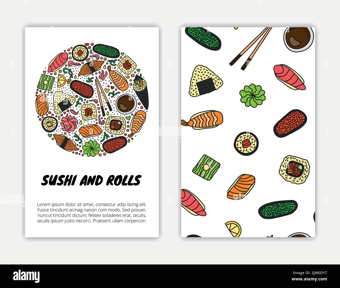 Card templates with doodle colored sushi and rolls. Used clipping mask ...