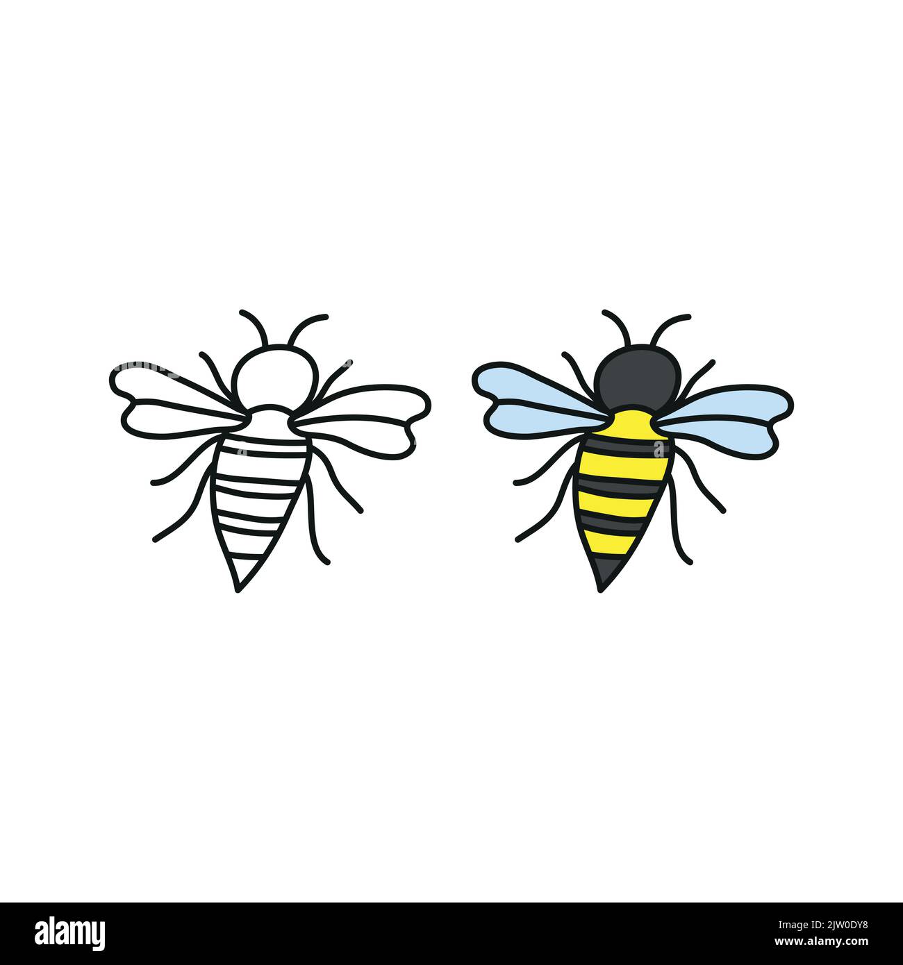 Doodle outline and colored honey bee icons isolated on white background ...