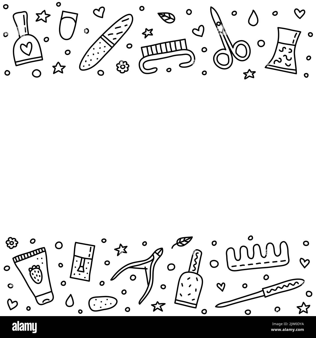 Poster with cute doodle outline beauty icons for nail salon and lines