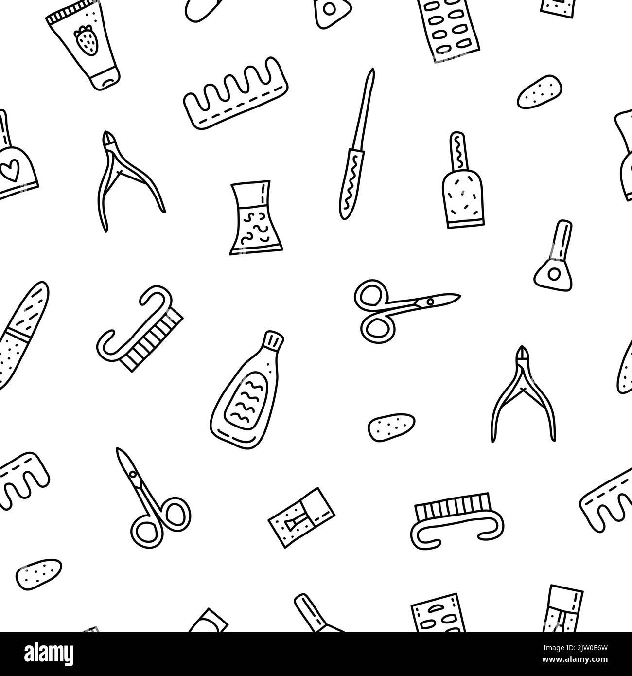 Black and white seamless pattern with doodle outline nail salon icons