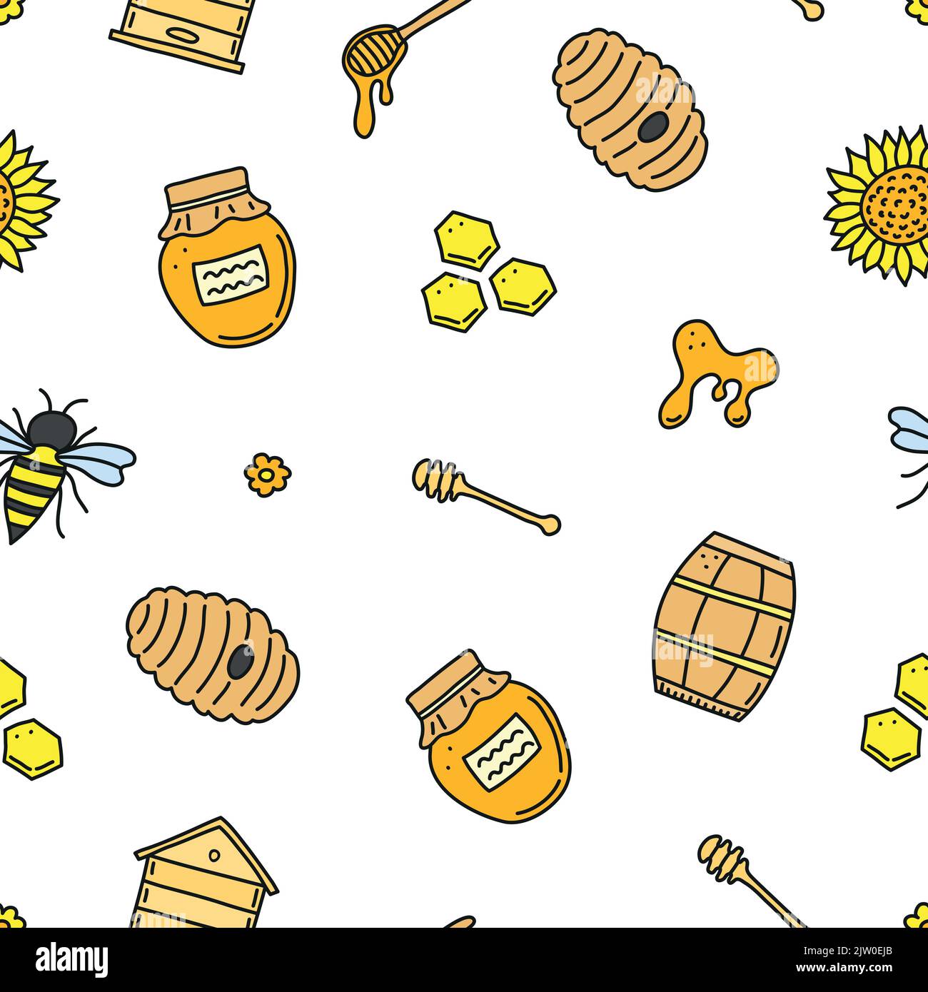 Seamless pattern with cute colored honey doodles. Stock Vector