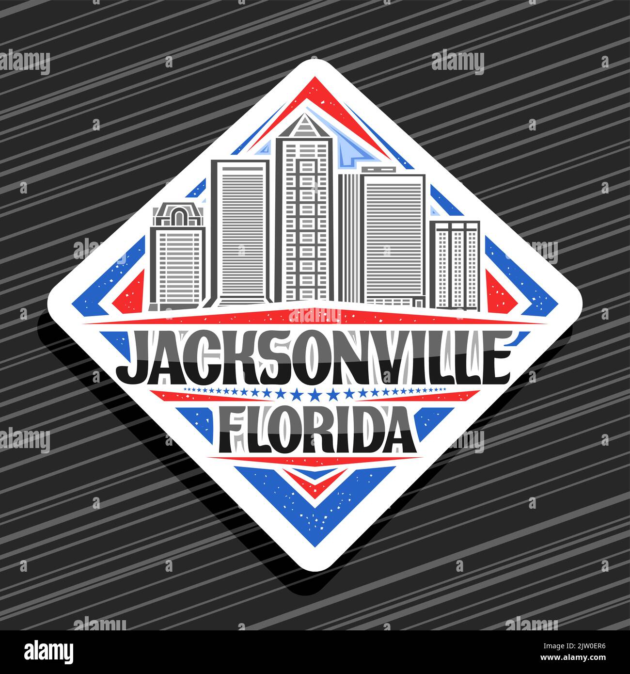 Vector logo for Jacksonville, white rhombus road sign with line illustration of jacksonville city scape on day sky background, decorative refrigerator Stock Vector